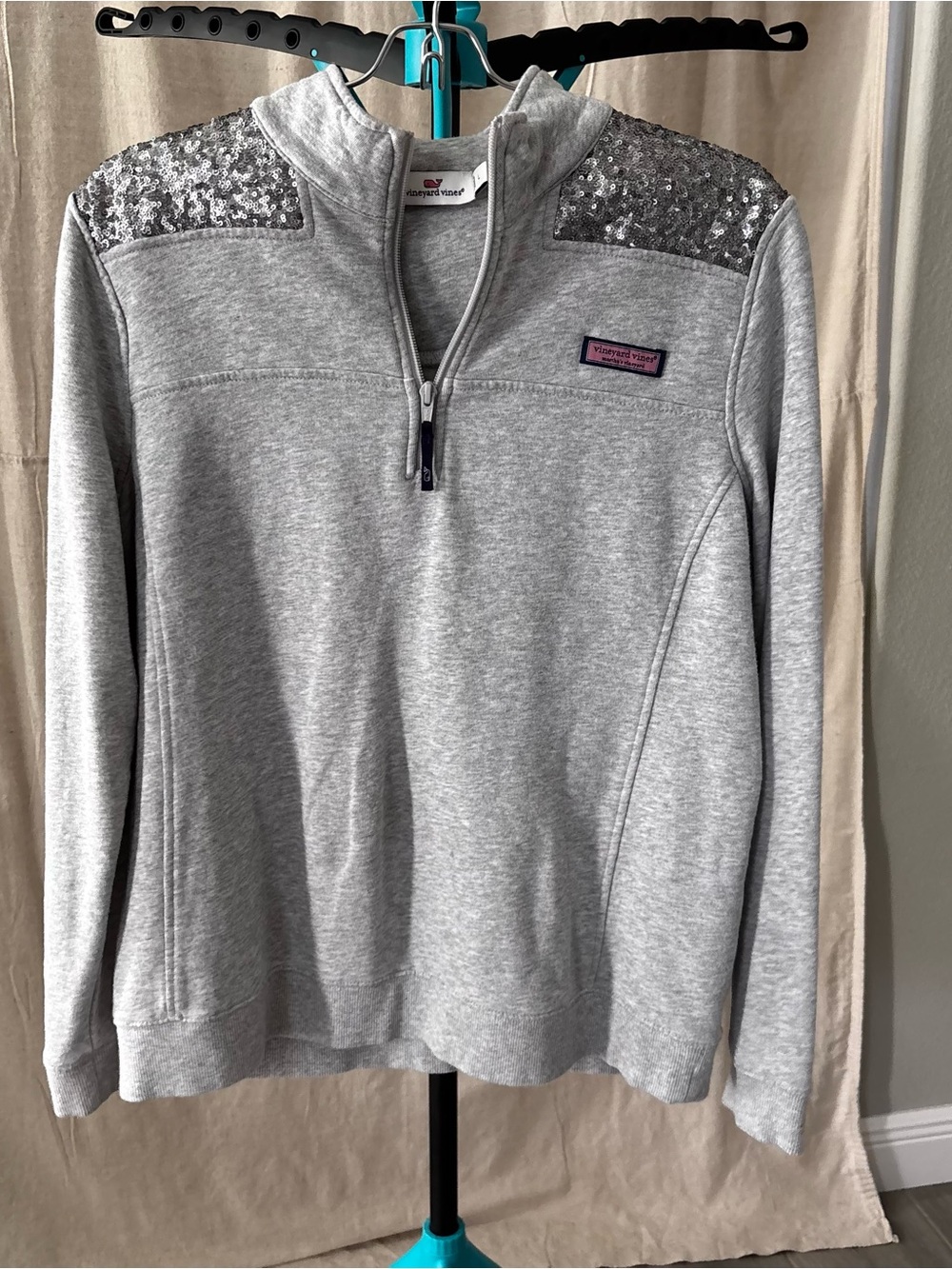 Vineyard Vines Light Gray Sequin-Shoulder Half-Zip Pullover 100% cotton